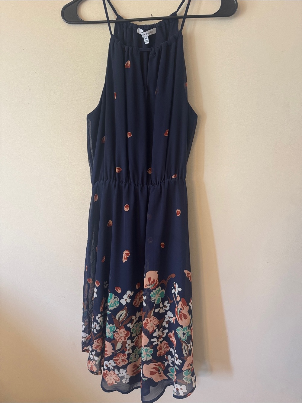 Collective Concepts Navy Midi Halter Dress with Peach & Mint Floral Border